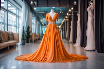Elegant woman's wedding dress in the clothing store. Super photo realistic background, generative ai illustration