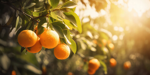 Ripe oranges hanging on a orange tree in orange garden. Fresh juicy oranges on a oranges tree branches, blurred background, copy space. Generative ai illustration