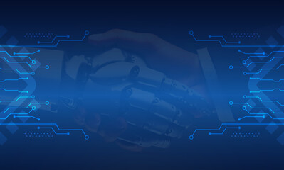 Handshake between Human and AI. Technology, business, trust, collaboration. Digital tech banner background.
