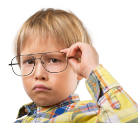 The thoughtful boy in glass funny portrait with abstract idea