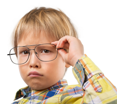 The thoughtful boy in glass funny portrait with abstract idea