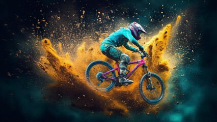 Naklejka premium Cyclist on sandy terrain, powerful explosion of dust with Generative AI.