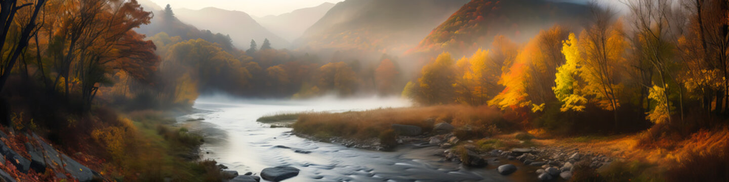 A mystical, misty mountain landscape, with vibrant autumn foliage and a meandering river, captured in the soft morning light, for an exceptional picture. Generative AI
