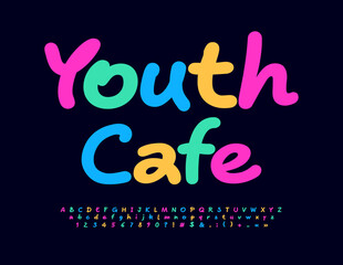Vector colorful Emblem Youth Cafe. Bright Funny Font. Trendy Alphabet Letters and Numbers
