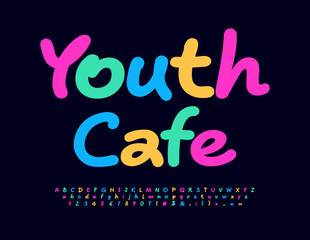 Fototapeta premium Vector colorful Emblem Youth Cafe. Bright Funny Font. Trendy Alphabet Letters and Numbers