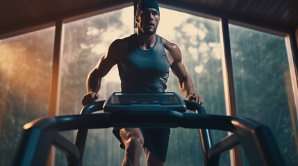 A determined athlete working up a sweat on a state-of-the-art treadmill, showcasing his endurance and dedication to fitness Generative AI