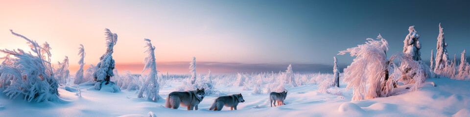 Wild wolves in a snow-covered tundra under skies filled with aurora. Ice-covered trees and the majestic presence of wolves make this landscape breathtaking. Generative AI