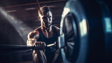 A focused man pushing his limits on a high-tech rowing machine, capturing the intensity and power of his workout Generative AI