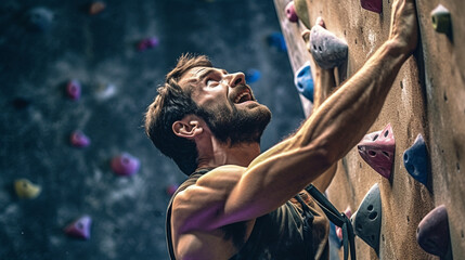 A disciplined individual engaging in a simulated rock climbing experience on a climbing wall simulator, displaying his strength and mental focus Generative AI