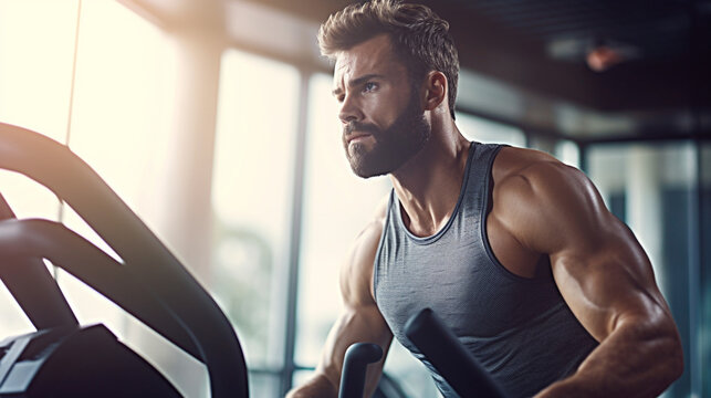 A determined athlete using a sophisticated elliptical trainer, with sweat glistening on his brow, highlighting his commitment to cardiovascular fitness Generative AI