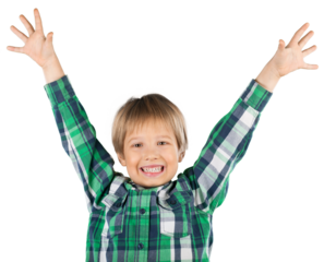 Little their hands up with smiley faces on their palms.