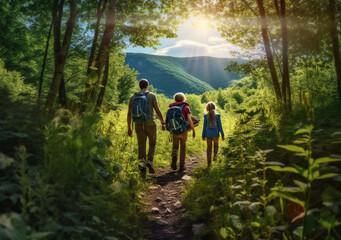 family hiking together on a nature generative AI