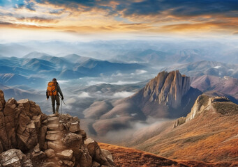 Fototapeta premium A hiker conquering a challenging mountain generative AI