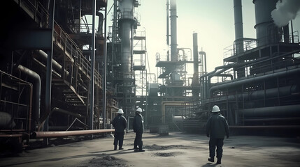 Refinery industry engineer are working and discussing at front oil and gas industrial factory,Oil refinery plant for industry