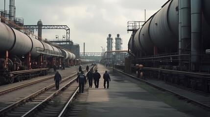 Naklejka premium Refinery industry engineer are working and discussing at front oil and gas industrial factory,Oil refinery plant for industry