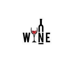 WINE Wordmark Logo - wine bottle and glass fused on the letters.