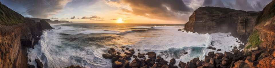 A spectacular coastline with sheer cliffs, hidden bays and powerful waves, offering a magnificent sunrise. Ideal for creating a captivating atmosphere. Generative AI