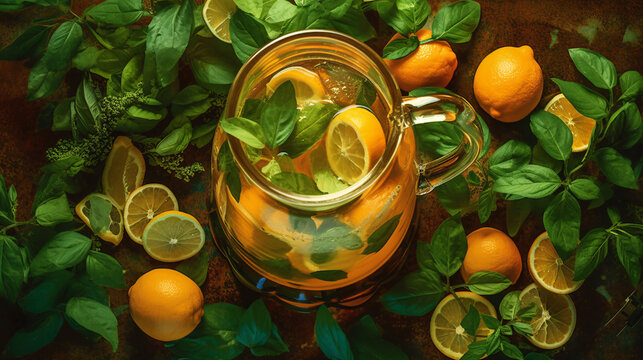 Iced lemon mint tea pitcher, paths Stock Photo by maxsol7