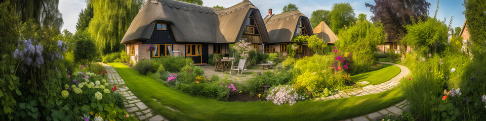Fototapeta na wymiar Discover the bucolic landscape of this thatched cottage surrounded by flowering gardens and lush green meadows for an extraordinary visual experience. Generative AI