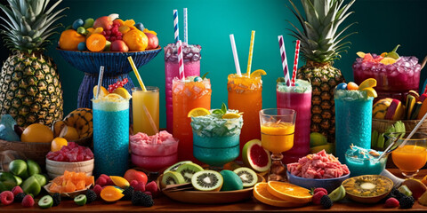 Fototapeta na wymiar Refreshing and colorful mocktail bar with funky straws and exotic fruit garnishes. Generative ai.