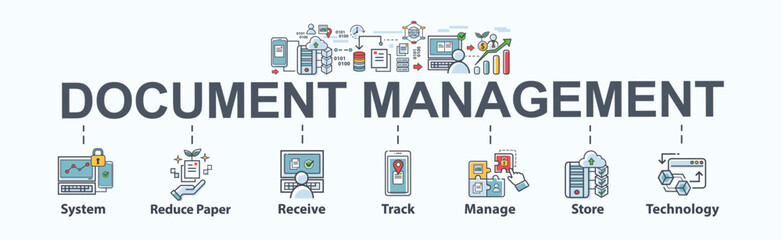 Document management banner web icon for business, system, reduce paper, paperless, receive, track, manage, store, cloud and technology. Minimal flat vector infographic.