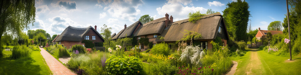 Fototapeta na wymiar Captivating countryside panorama: picturesque thatched-roof cottages, vibrant gardens, lush meadows stir emotions – an idyllic backdrop for creative projects. Generative AI