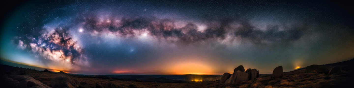Admire this magical, starry night sky, framed by the Milky Way and isolated, silhouetted landscapes. A breathtaking view of the eternal beauty of the cosmos. Generative AI