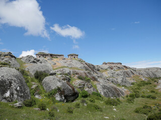 Marcahuasi chullpas, house made with stones on the top of a rocky mountain, archaeological remains...