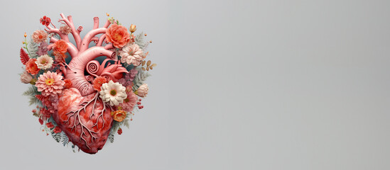 Human heart with flowers, love and emotion concept, good hearted person, help and charity, generative AI

