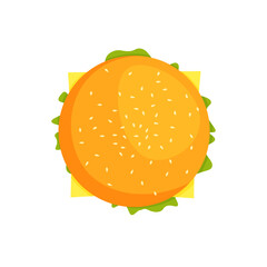 Vector hamburger top view. Burger with cheese, tomatoes, chop, lettuce. Fast food or junkfood meal. Illustration for menu design isolated on white.