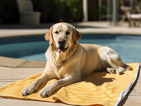 cane sdraiato su asciugamano sul bordo della piscina
