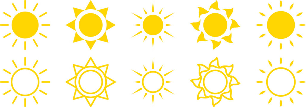 Set of sun icons. Weather symbols in flat and line art style. PNG