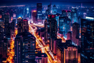 Fototapeta premium A rainy street in a big city, with lots of advertising lights, lots of life at night, generative ai