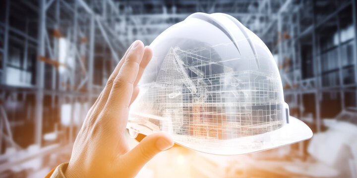 Image capturing a man's hand unveiling holographic construction plan from hardhat, with blurred worker on site, expressing civil engineering excellence. Generative AI