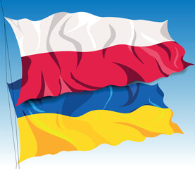 Ukrainian and Polish waving flags. patriotic background of partnership country Poland and Ukraine