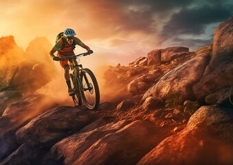 Obraz na płótnie Canvas man riding bike rocky trail octan advertising attributes high speed action adventurer orange sky sports todays arms held triumph, generative ai