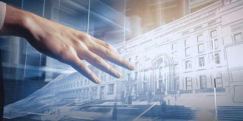 Captivating image of a man revealing holographic urban plans from a scroll, with a blurred suited figure in city hall background, evoking innovation in planning services. Generative AI