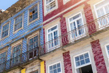 Old houses in city of porto old town, Portugal. Colourful portuguese tiles house facade