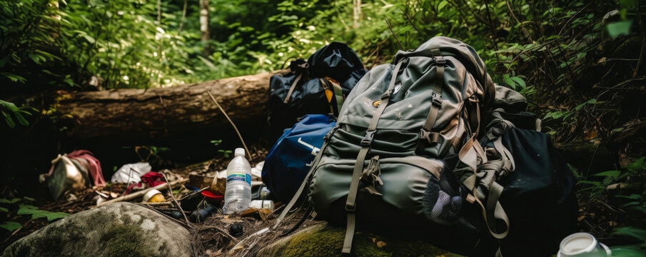 Impactful image displaying a tourist's backpack among litter on a trail, illustrating the harm caused by careless travelers and reminding us of environmental damage. Generative AI