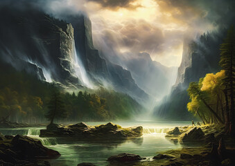 beautiful paradise landscape with a waterfall in misty atmosphere and sunlight at golden hour, painting illustration wallpaper
