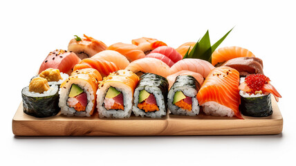 delicious japanese set with sushi and rolls with salmon and tuna fish on a white background.Generative AI