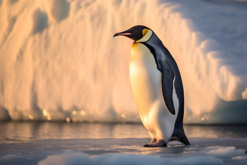 Emperor penguin on sea ice during sunset . made with generated ai.