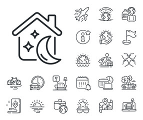 Night house sign. Plane jet, travel map and baggage claim outline icons. Sleep line icon. Dream home symbol. Sleep line sign. Car rental, taxi transport icon. Place location. Airport lounge. Vector
