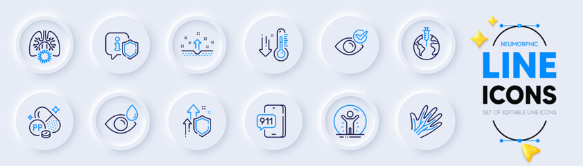 Emergency call, Pandemic vaccine and Recovered person line icons for web app. Pack of Low thermometer, Coronavirus lungs, Veins pictogram icons. Improving safety, Shield, Check eye signs. Vector