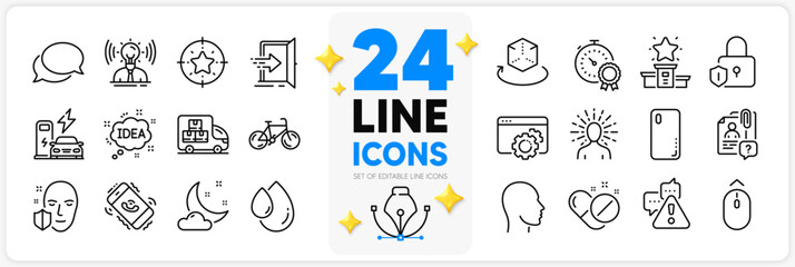Icons set of Oil drop, Seo gear and Brand line icons pack for app with Call center, Yoga, Winner podium thin outline icon. Charging station, Augmented reality, Delivery truck pictogram. Vector