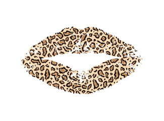 Obraz premium Female lips stylized as a leopard skin. Kiss jaguar isolated on white background for design prints. Animal skin lipstick pucker. Mouth mark. Silhouette fur safari. Cute graphic. Vector illustration