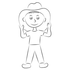 Sketch portrait of a cartoon boy in a big hat, which he holds with his hands, isolate on white