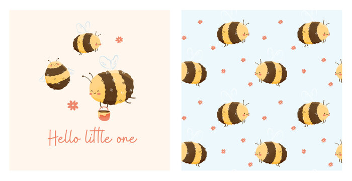 LITTLE BEE - cute bees with honey, semless pattern, vector illustration, flowers, childish, kid, garden party, cartoon animals, baby collection,  clothes, t-shirts, wrapping, fabric, textiles