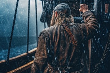 Fototapeta na wymiar Dramatic Back View of a Viking Ship Sailing through Heavy Rain