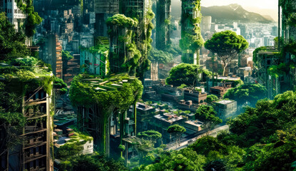 a city and with leafy trees and plants, postapocalytic, generative ai